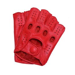 Aankomst heren lederen handschoenen rijden RIDDELEN GEBRUIDDE GOATSKIN HALF FINGER GLOVES FUNLOSE Gym Fitness Gloves Mittens 240127