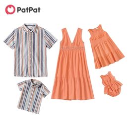 Aankomst Mozaïek Casual Orange Series Sets (V-hals Jurken Stripe Button Front Shirts Rompertjes) 210528