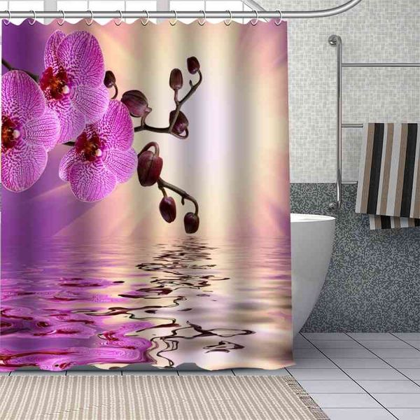 Arrivée orchidée rideaux de douche bricolage salle de bain rideau tissu lavable Polyester pour baignoire Art décor goutte 210609