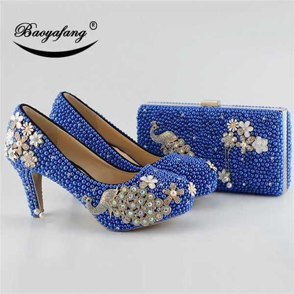 Arrivée Peacock Royal Blue Perle Diamants Chaussures Femme Fête / Mariage Pompes Haute Couture Mariée Femmes 211123