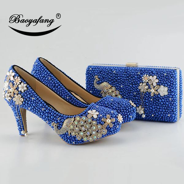 Llegada Peacock Royal Blue Pearl Diamonds Zapatos Mujer Fiesta / Boda Bombas Zapatos altos Moda Rhinestone Novia Zapatos Mujer 240227