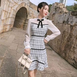 Aankomst gegolfde kraag chiffon lange mouw patchwork vrouwen zoete plaid tweed eendelige slanke zeemeermin boog jurk 210416