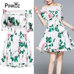 Llegada Runway Summer Women's Elegant rose Flower Print dress mini beach style es casual robe vestidos 210421