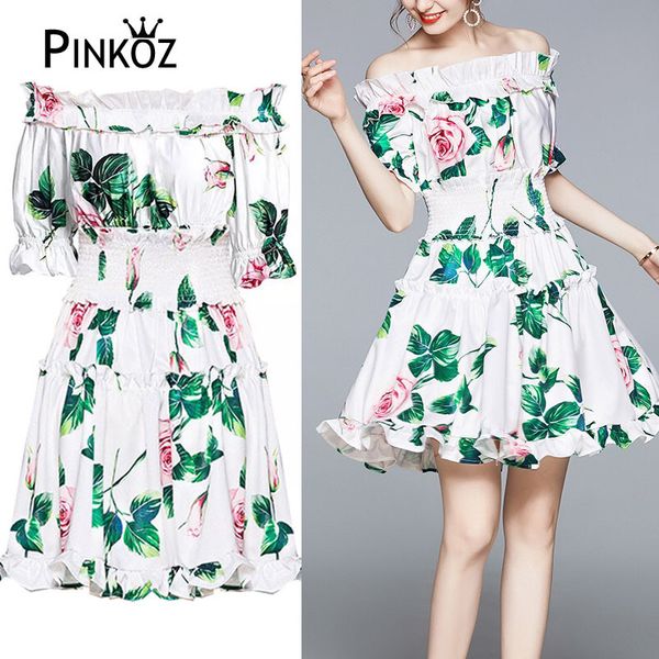 Llegada Runway Summer Women's Elegant rose Flower Print dress mini beach style es casual robe vestidos 210421