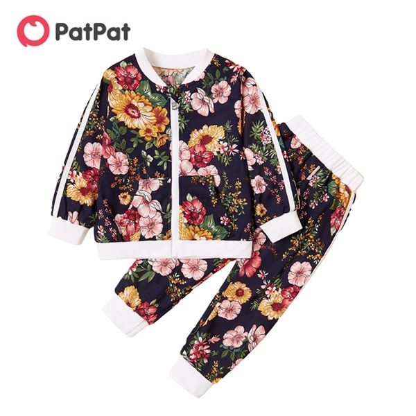 Arrivée Printemps et Automne 2 pièces Bébé Enfant Fille Vintage Floral Allover Veste Pantalon Rayé Ensembles 210528