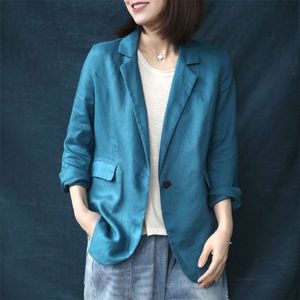 Arrivée Printemps Arts Style Femmes À Manches Longues Lâche Casual Blazers Bouton Unique 100% Lin Solide Blazer Femme Manteau M278 210512