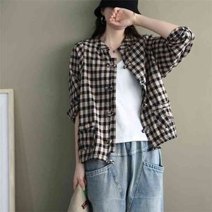 Aankomst lente kunst stijl vrouwen losse katoenen linnen korte jas vintage plaid dubbele zak jassen femme tops plus size s778 210512