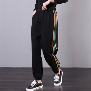 Arrivée Printemps / Automne Style coréen Femmes Loose Taille élastique Harem Pantalon Harem Stripe Coton Coton Casual W108 210512