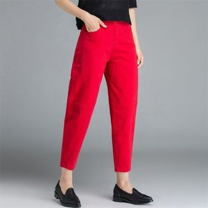 Arrivée printemps été femmes taille haute ample sarouel grande taille décontracté coton Denim femme cheville longueur rouge jean D319 210809