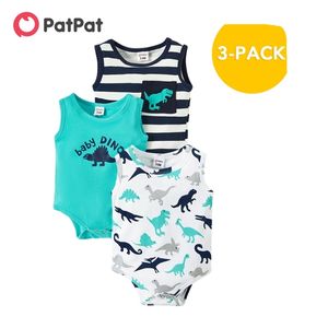 Aankomst Zomer 3-delige Baby Dinosaur Allover Gestreepte BodySuits Set Rompers kleding Mouwloos 210528