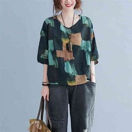 Arrivée Summer Arts Style Femmes Lâche Casual Manches courtes Col V T-shirt Coton Lin Vintga Plaid Imprimer T-shirt W262 210512