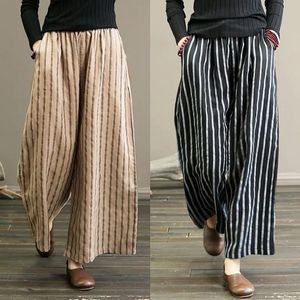 Aankomst zomerkunststijl vrouwen gestreepte katoenen linnen anklellengte broek casual los elastische taille wijd been v508 240430