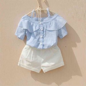 Aankomst Zomer Blouse voor Meisjes Katoen Tiener School Meisje Blouses Off Shoulder White Shirts Blue Stripe Tops 210622