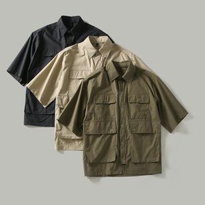 Aankomst zomer man japanse vracht shirt katoen trend harajuku stijl effen kleur revers multi-pocket streetwear mannelijke tops mannen casual shirts