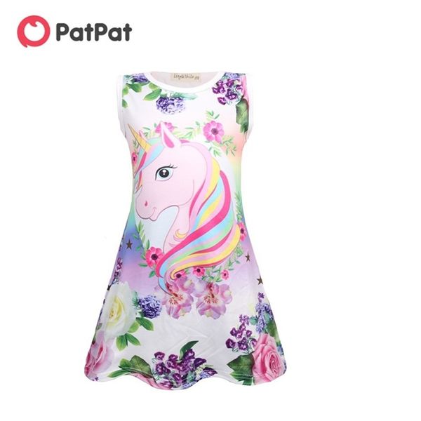 Llegada Verano Bonito Unicornio y estampado de flores Vestidos sin mangas Niños Niña Ropa para niños 210528