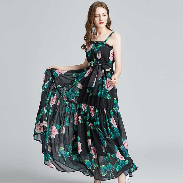 Arrivée été piste concepteur élégant Rose fleur imprimer Maxi fête ruché sangle femmes longue robe Vestidos 210529