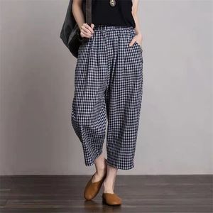 Aankomst Zomer Dames Casual Losse Elastische Taille Calf-length Broek All-matched Plaid Print Cotton Linen Wide Leg W295 210512