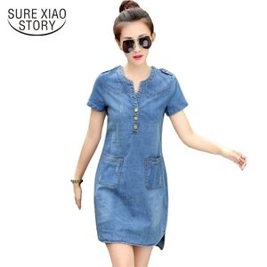 Aankomst Zomer Dames Denim Jurken Korte Mouwen Losse A-Word Plus Maten V-hals Solid Robe Femme 176A 210623