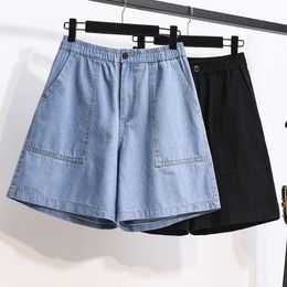 Aankomst zomer vrouwen losse casual zakken patchwork katoen denim elastische taille verzachter wijd been broek shorts jeans s90 240423