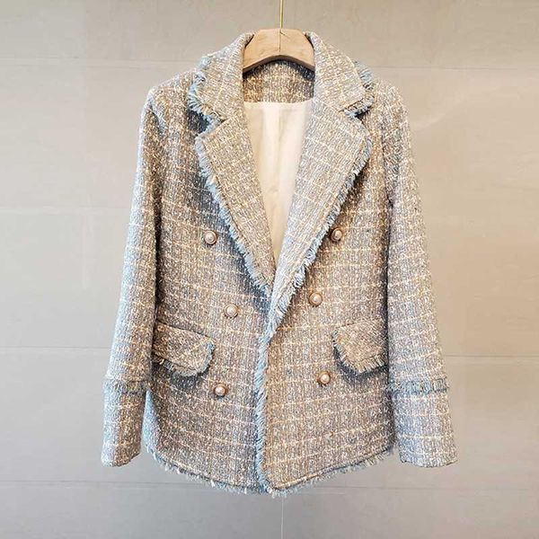 Arrivée Vintage Double Boutonnage Effiloché Tweed Veste Manteau Femmes de Haute Qualité Dames Survêtement Casual Casaco Femme 210529