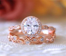 Chegada vintage jóias casal anéis 925 prata esterlina rosa ouro preenchimento oval corte branco topázio cz diamante feminino anel de noiva cluster4070720