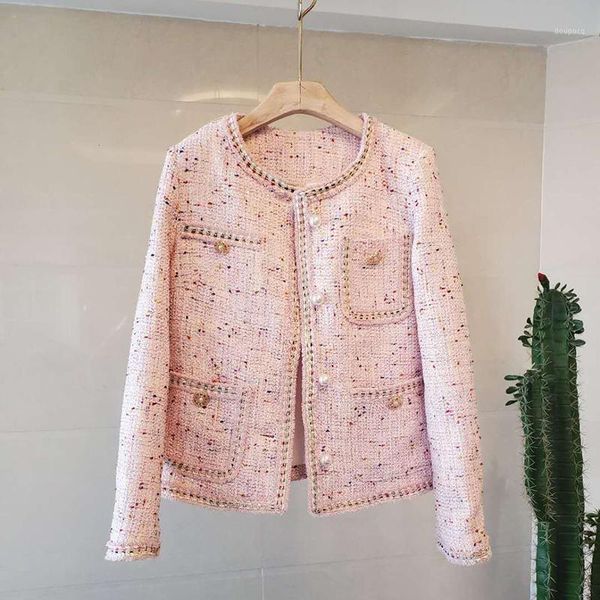 Llegada de invierno, abrigos con botones y cuentas dulces en rosa y azul de pasarela, chaqueta a juego de Tweed ajustada de alta calidad para mujer, prendas de vestir superiores, chaquetas