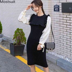 Llegada mujeres punto patchwork vestido coreano camisa manga o-cuello suéter lápiz vestidos moda vintage elegante vestido 210518