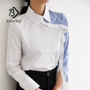 Aankomst Women Turn Down Collar White Shirt Blouse Striped Patchwork Elegant Chic Koreaanse stijl Feminina Blusa T9O908F 220812