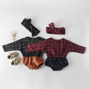 Aankomsten baby meisje bodysuits lente mode lange mouwen baby jumpsuit katoen plaid bodysuit geboren baby meisje kleding 210713