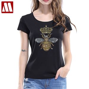 Llegadas Casual Mujer Camisetas Mujeres Corona Abeja Diamante Camisas Moda Con cuentas Negro / Blanco Damas -camisa 210720