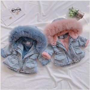 Arrivals Girls Winter Thicken Coats Children Denim Hooded Coat Kids Fur Collar Cotton Jacket Baby Girl Outwear