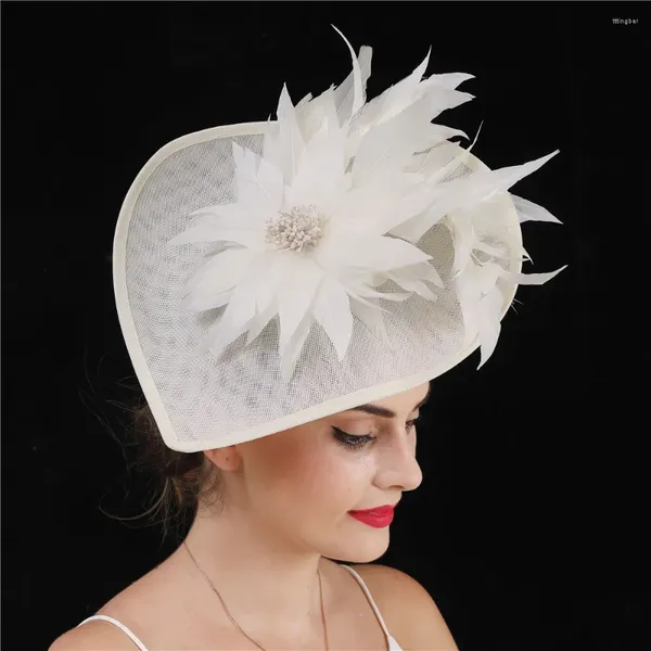 Nouveautés ivoire maille Fascinator chapeau plume fleur chapeau pour femme bandeau Cocktail mariage casque avec pince à cheveux bandeau