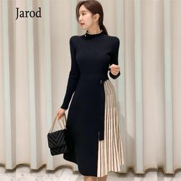 Aankomst Vrouwen Mode Gebreide Lange Mouwen Office OL Tailleband Dames Casual Geplooide Trui Jurken Vestido da Festa 210519