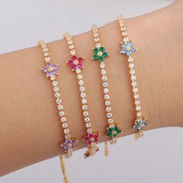 Rainbow Cz Colorido Flower Tennis Link Chain Bracelet for Women Girl Freed Out Bling Paved Daisy 240423