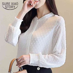 Aangekomen vrouwen Shirt Sweet Female V Collar Wave Point Lange Mouwen Suntan Blouse Koreaanse stijl OL Blusa 0974 30 210506