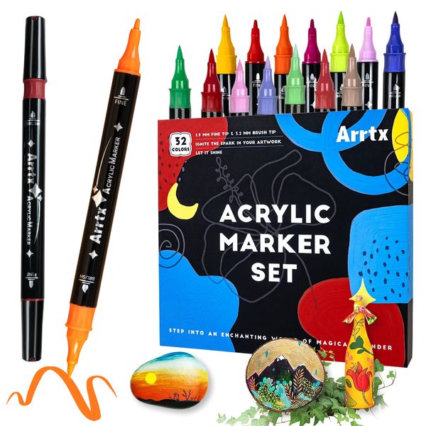 Arrtx 32 couleurs marqueurs de croquis double brosse stylos marqueurs de peinture acrylique sur toile de verre de roche tasse en céramique en métal bois plastique 231220