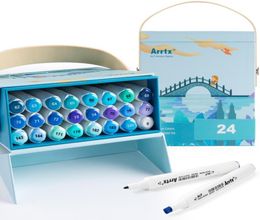 Arrtx alp Blue Tone 24 Colors Marker Alcohin Pin Double Tips Markers Perfect pour peindre Sky Sea River, etc. 2011201005254