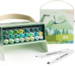 Arrtx ALP Green Tone 24 kleuren alcoholstift Markers met dubbele tips, perfect voor het schilderen van boomgrasbladeren bosplanten 201217473880
