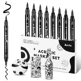 Arrtx Black Acrylique Paint Penens 8 Pack Brush and Fine Tip Paint Markers pour rock peinture dessin en bois graffiti toivas 240506