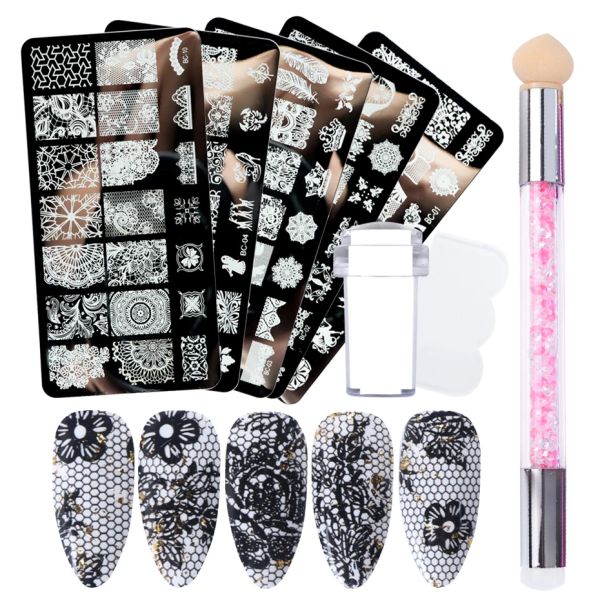 Art 4pcs Nail Art Stamping Plaque de fleur motifs de dentelle d'image Image Stacher Stamper Gradient Nail Brush Nail Set Template outils LYBC01202