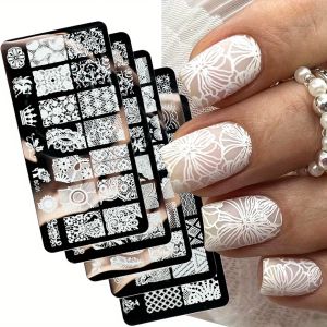 Art 5 feuilles de dentelle Fleurs Nail Emplature Plaques Mandala Modèles Géométriques Nail Art Tamplates Polonais POCIRES POCIRES DE MANICURES Outils