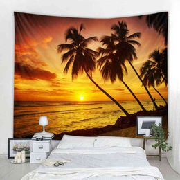 Arte coperta tenda casa camera da letto arazzo decorazione paesaggio naturale tappeto da parete mare albero di cocco decorazione appeso a parete J220804