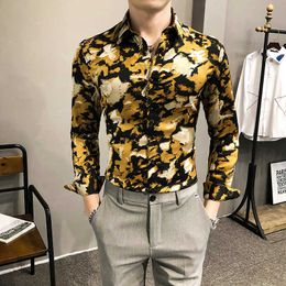 Kunst camouflage shirts voor mannen lente lange mouw casual slim fit jurk shirt streetwear nachtclub kleding chemise homme 210527