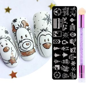 Art Christmas Anime mignon Nail Emplice Plaque d'estomac hivernal Pincat de peinture de conception de snowflake Elk avec Stamper Tool Image Image Decor