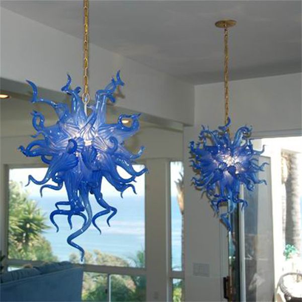 Art Deco Luces colgantes Lámpara de color azul Pantalla de cristal Lámpara de Murano 24X32 pulgadas Fuente de iluminación LED Lámparas de araña sopladas a mano para el hogar