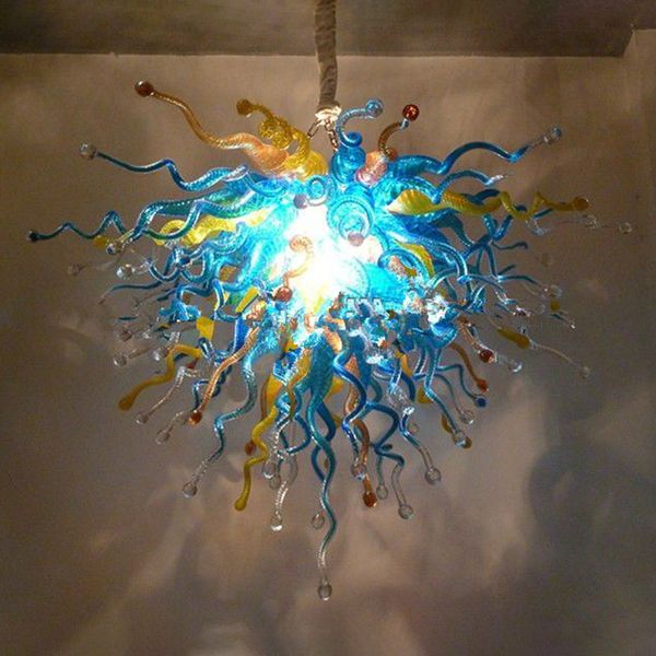 Decoración de arte Lámparas colgantes de color champán azul Bombillas LED Cristal creativo Araña de vidrio soplado a mano 28 por 24 pulgadas