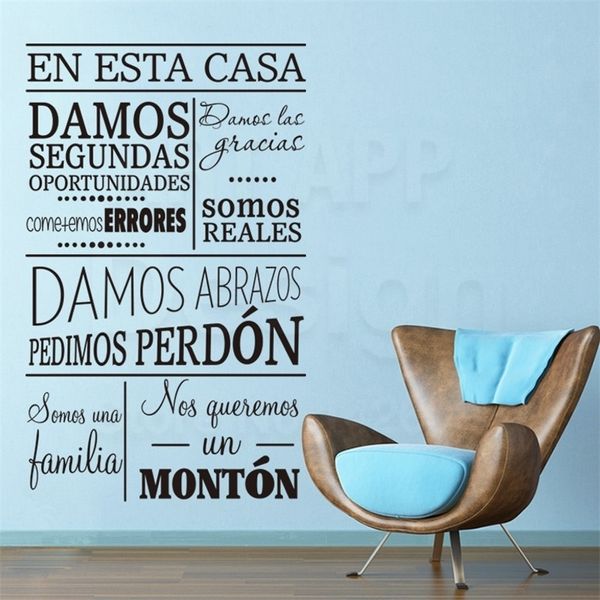 Arte nuevo diseño decoración de la casa vinilo español reglas del hogar palabras calcomanías de pared extraíble decoración de la habitación cita familiar pegatina de personaje T200827