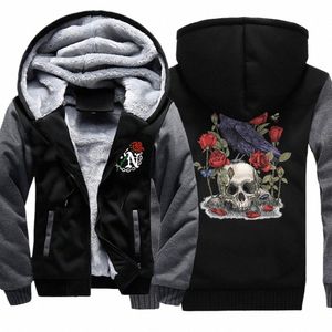 Art Nouveau Crâne Rose Corbeau Papillon Sweat Hommes Drôle Veste Casual Poche À Capuche Hiver Épaissir Zip Up Vêtements Survêtement j4mv #