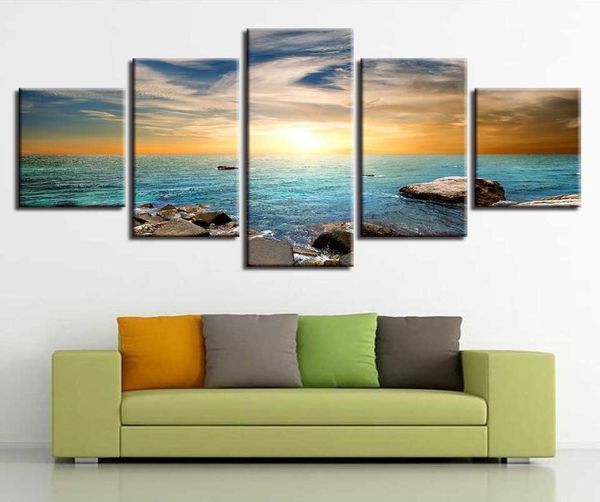 Art peintures HD Printing décor mur 5 pièces récif pierre bleue d'eau de mer Sunset de mer