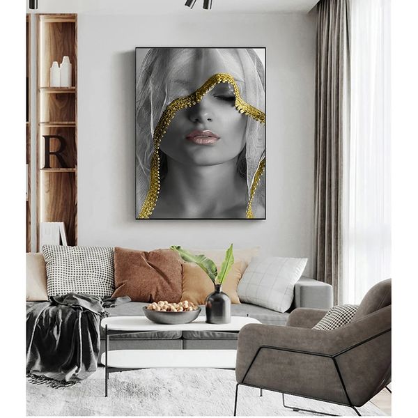 Cuadros artísticos escandinavos para decoración para sala de estar, maquillaje dorado, pinturas en lienzo para mujeres, carteles e impresión de pared de estilo nórdico Woo